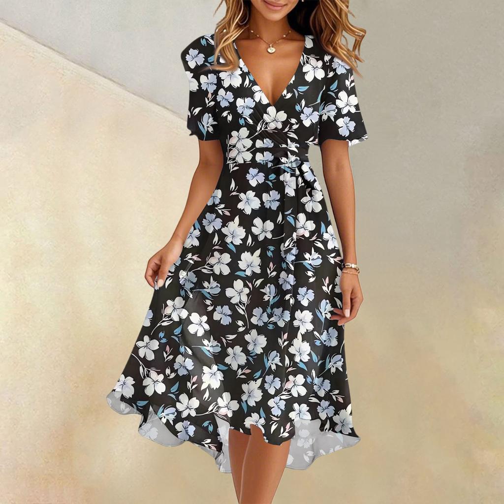 Women's Summer Fashion V-Neck Flared Dress Short Sleeve Floral Dresses