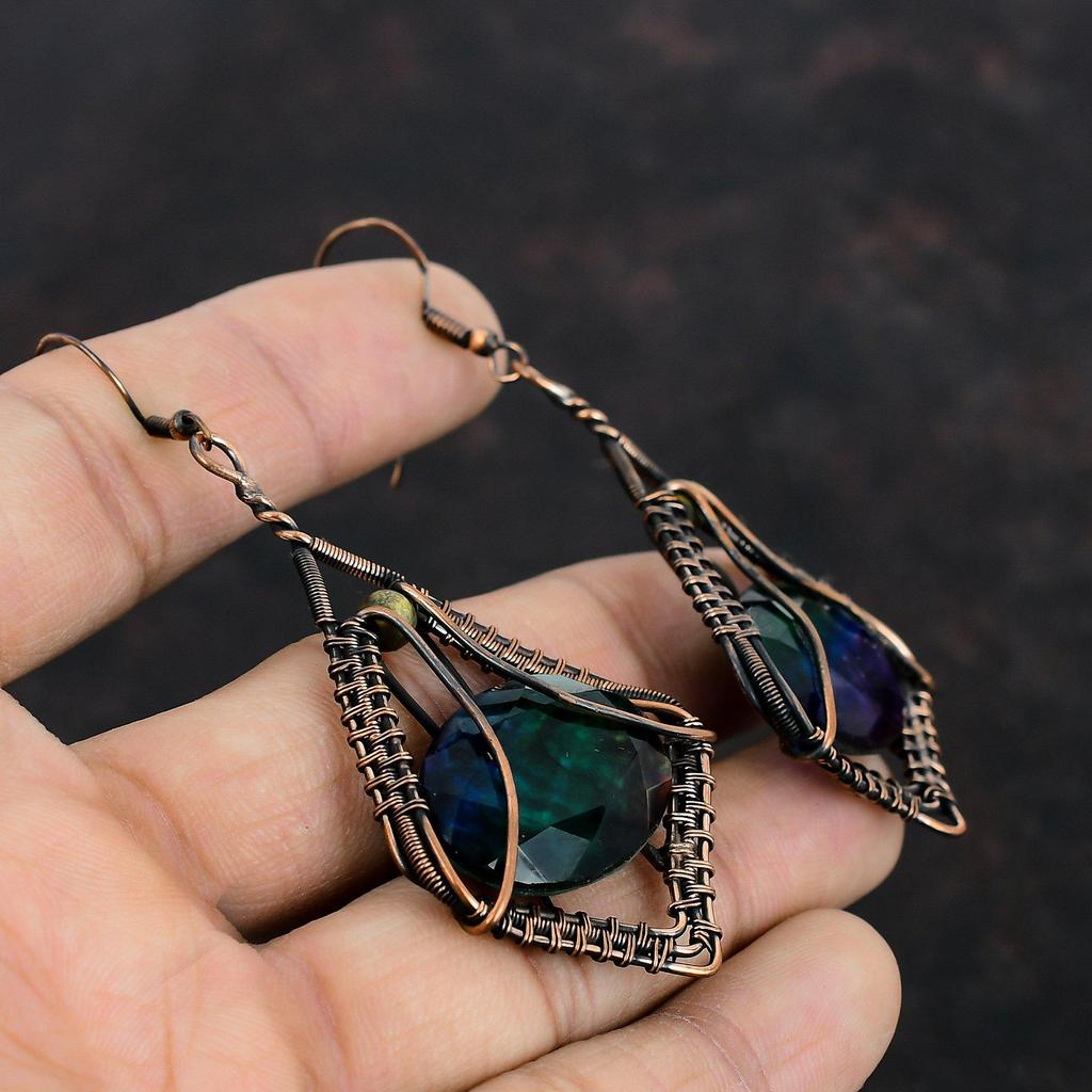 Faceted Ammolite Earring Copper Wire Wrapped Earrings Copper Jewelry Original Gemstone Earrings Handmade Jewelry Gifts For Mom Drop Earrings