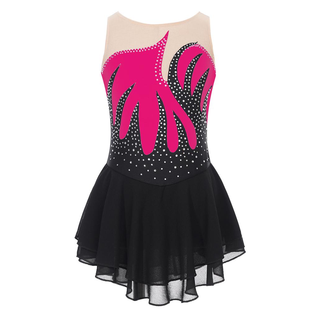 Girls Color Block Sheer Mesh Patchwork Dress Sleeveless Shiny Rhinestone Design Figure Skating Performance Gown