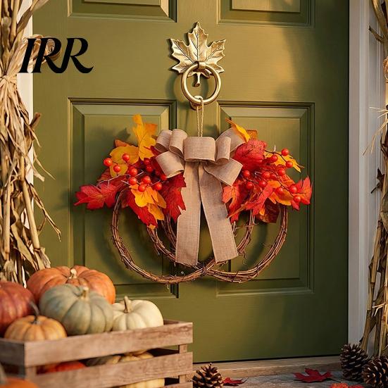 Waterproof Autumn Garland Fall Artificial Maple Leaf Wreath for Front Door, Thanksgiving Rattan with Ring Berries And Burlap Bow Harvest Door
