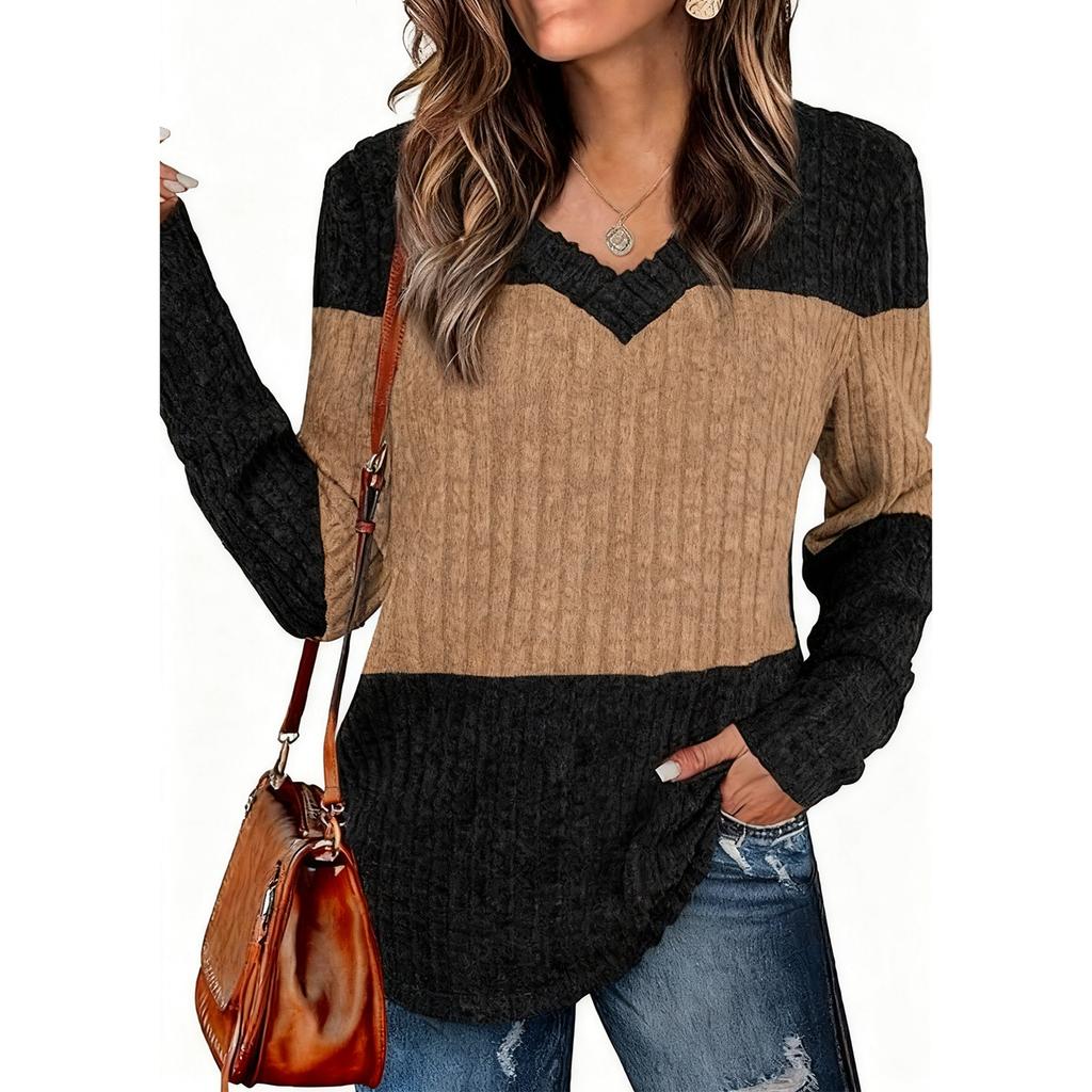 Women's V-neck Long-sleeved Patchwork Fitted Top T-shirt
