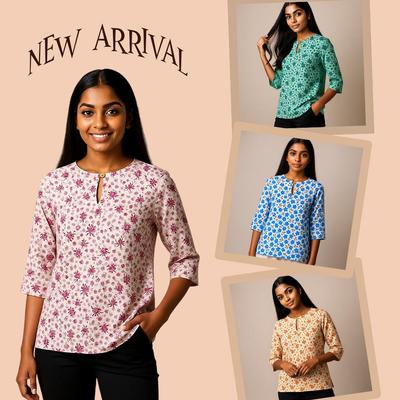 Винтажная повседневная блузка, для женщин, стрейч-конопля, цветочный принт, круглый вырез, рукава три четверти, элегантный свободный топ, ретро-стиль