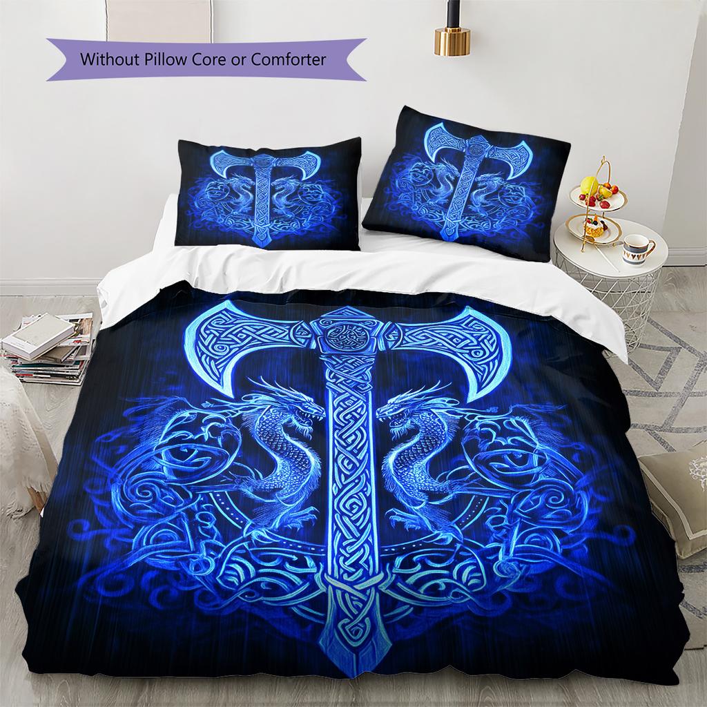 Viking battle axe Pattern Bedding Quilt Set Quilt Cover Pillowcase Home Decoration Gift (1 * duvet cover + 2 * pillowcase, without core)