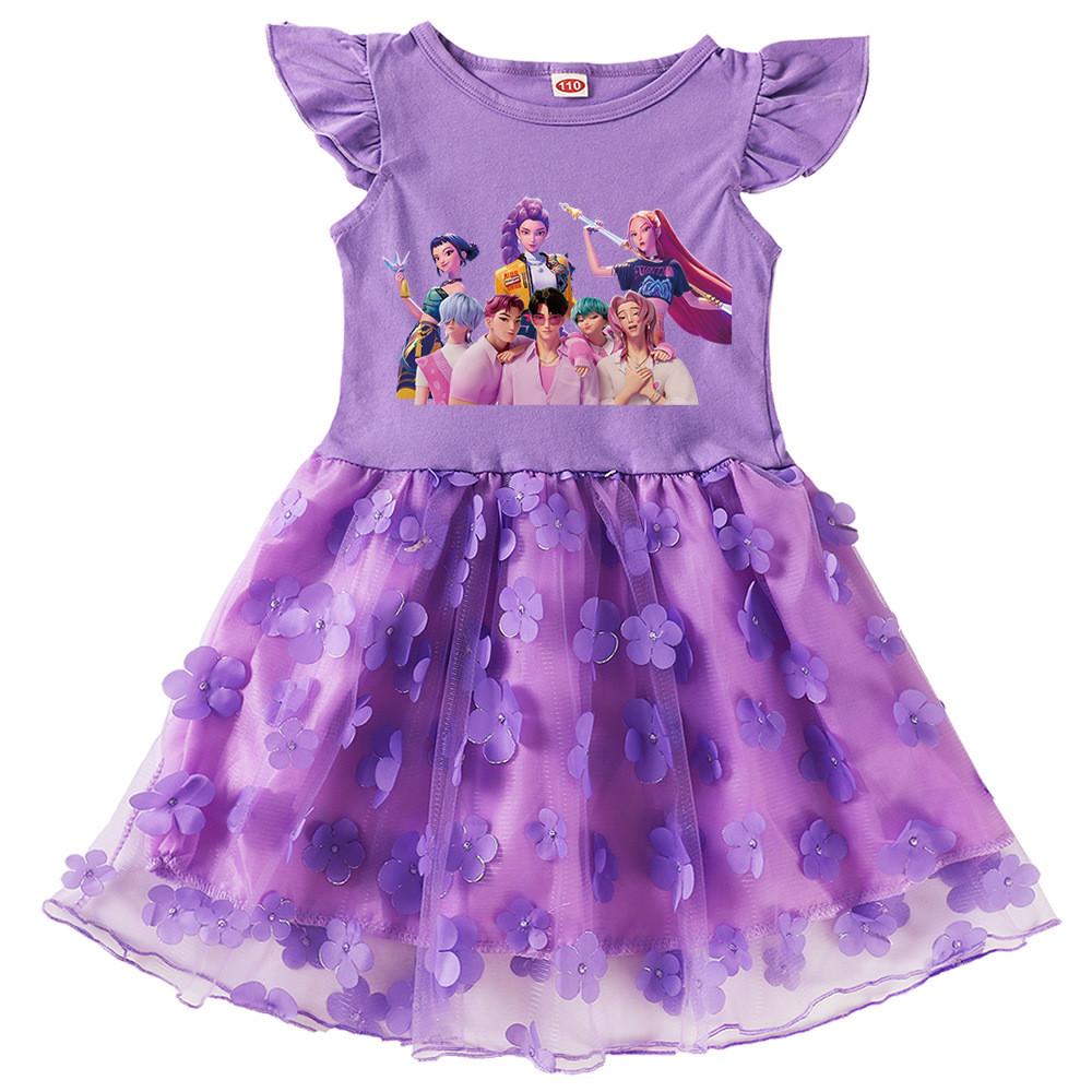 Kids Girls Anime Cartoon Rumi Zoey Mira Printing Ruffle Short Sleeve Cotton Casual Flower Mesh Dress