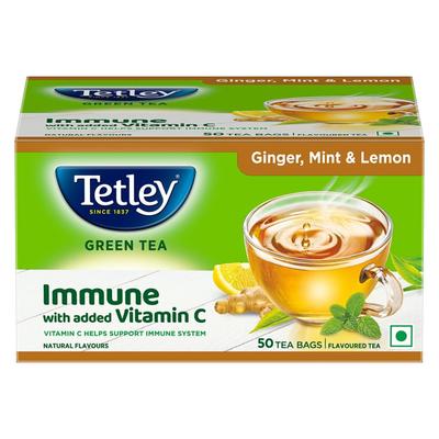 Tetley Зеленый чай с имбирем, мятой и лимоном 50 чайных пакетиков 100% без пластика Напиток для укрепления иммунитета