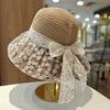 Vacation Style Lace Bow Grass Hat Summer Hollow Breathable Sun Protection Hat Beach Sun Protection Fisherman Hat