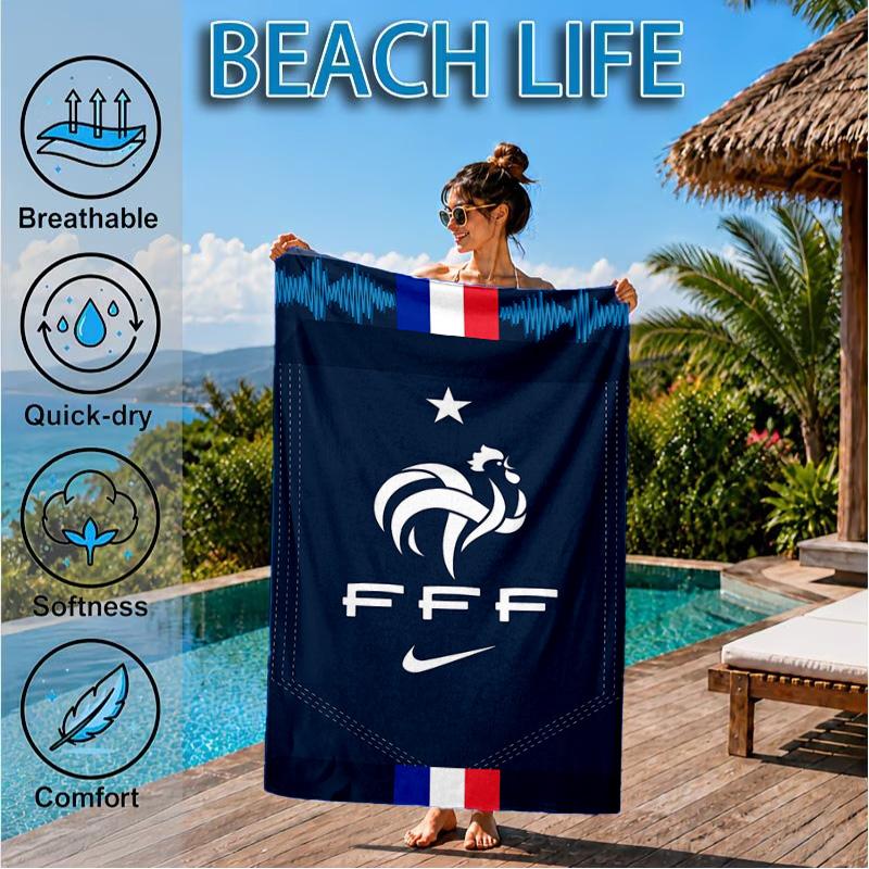 France Soccer Club Emblem Printed Microfiber Beach Towel, Soft And Absorbent, Quick-Dry, Ideal for Summer Travel, Beach Essential, Swimming Pool