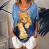 Женская футболка с 3D-принтом кошек, Мода 2025, Смешная Каваи V-образный вырез, Оверсайз, Летние топы