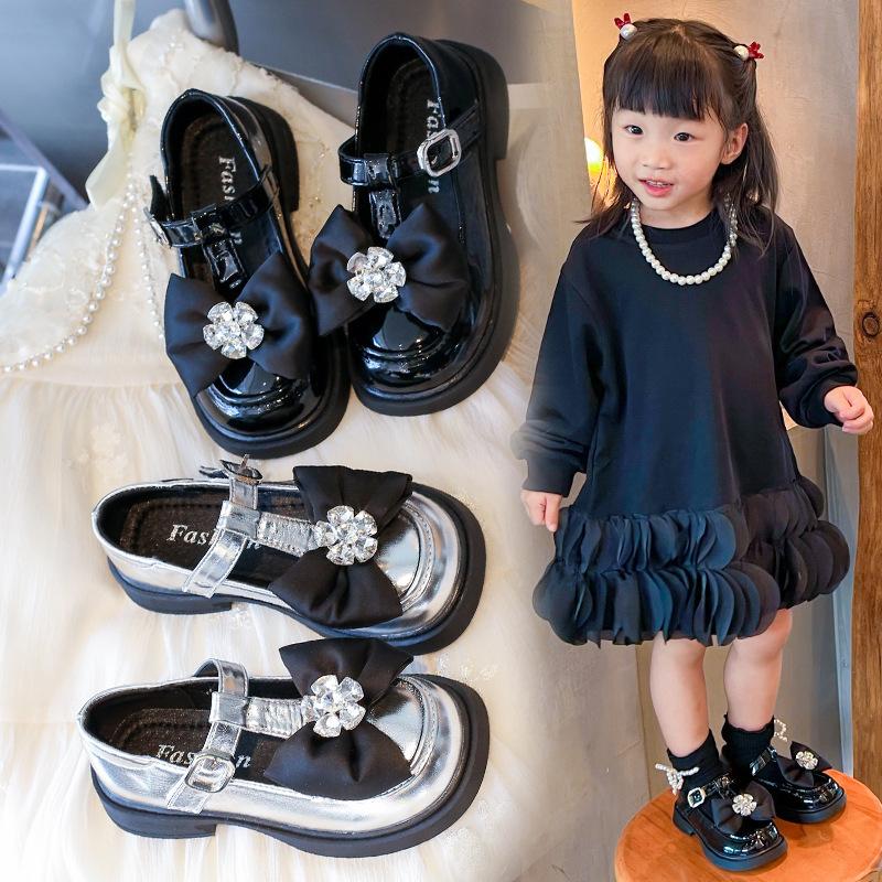 Girls Leather Shoes Black Big Bow Sweet Crystal Kids Performance Shoes Non-slip New Children Flat Shoes Princess Wedding
