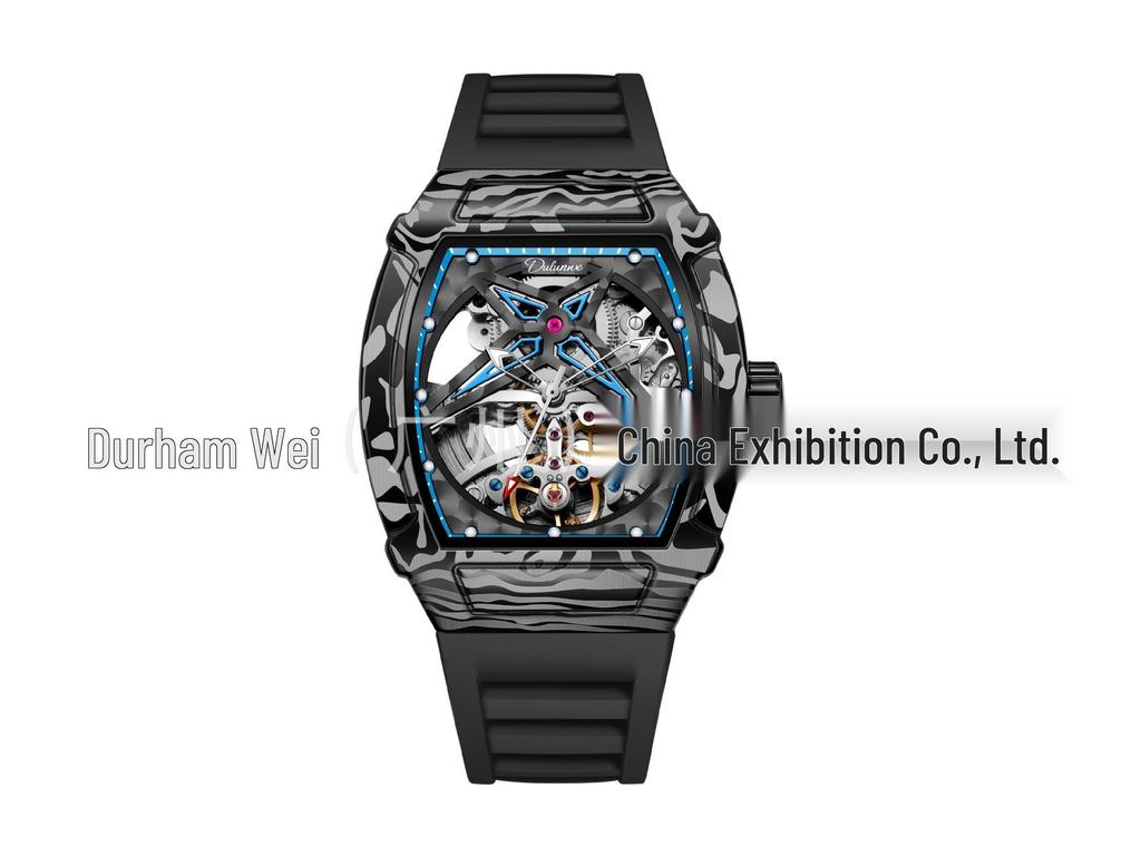 Водонепроницаемые мужские механические часы Durham Yao - Корпус из сплава бочкообразной формы с дизайном из углеродного волокна и скелетонизированным циферблатом