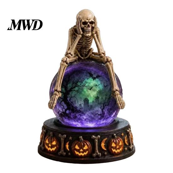 Ghostly Castle Night Light LED Lighted Halloween Faux Crystal Ball Decoration, Resin Witch/Skeleton/Cat/Ghost Figurine with Vintage Style Collectible