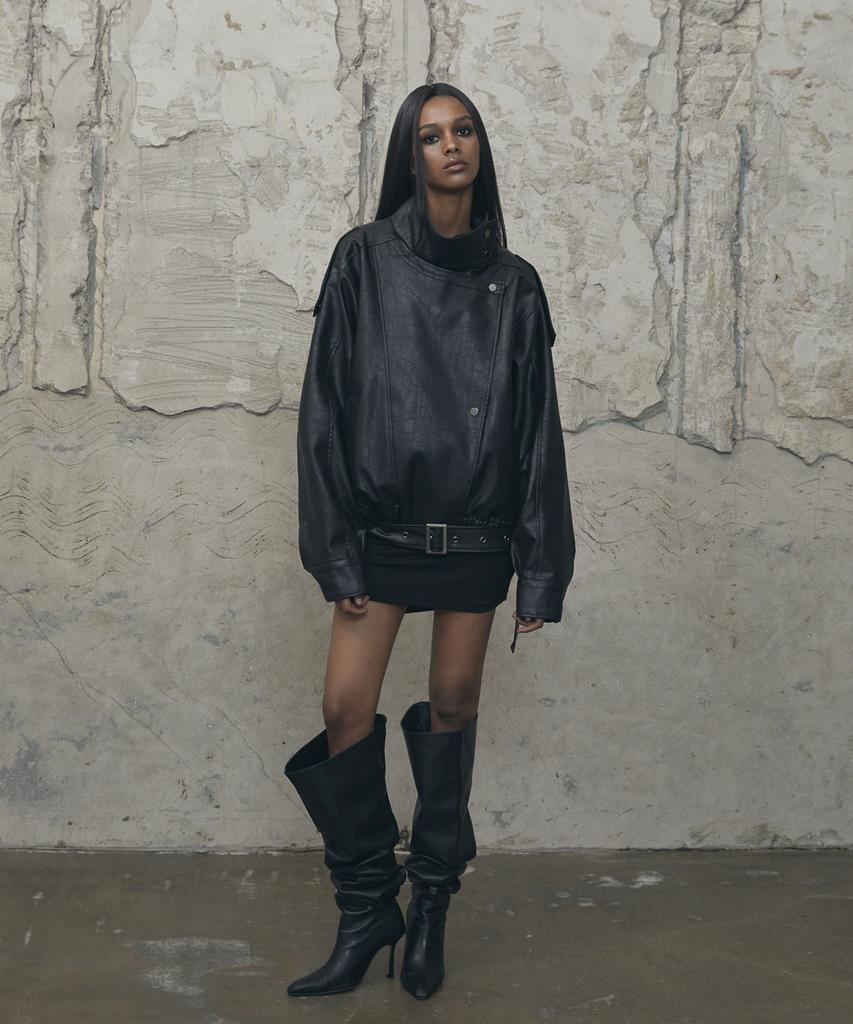 VOONT Belt High-Neck Leather Jacket (Black)