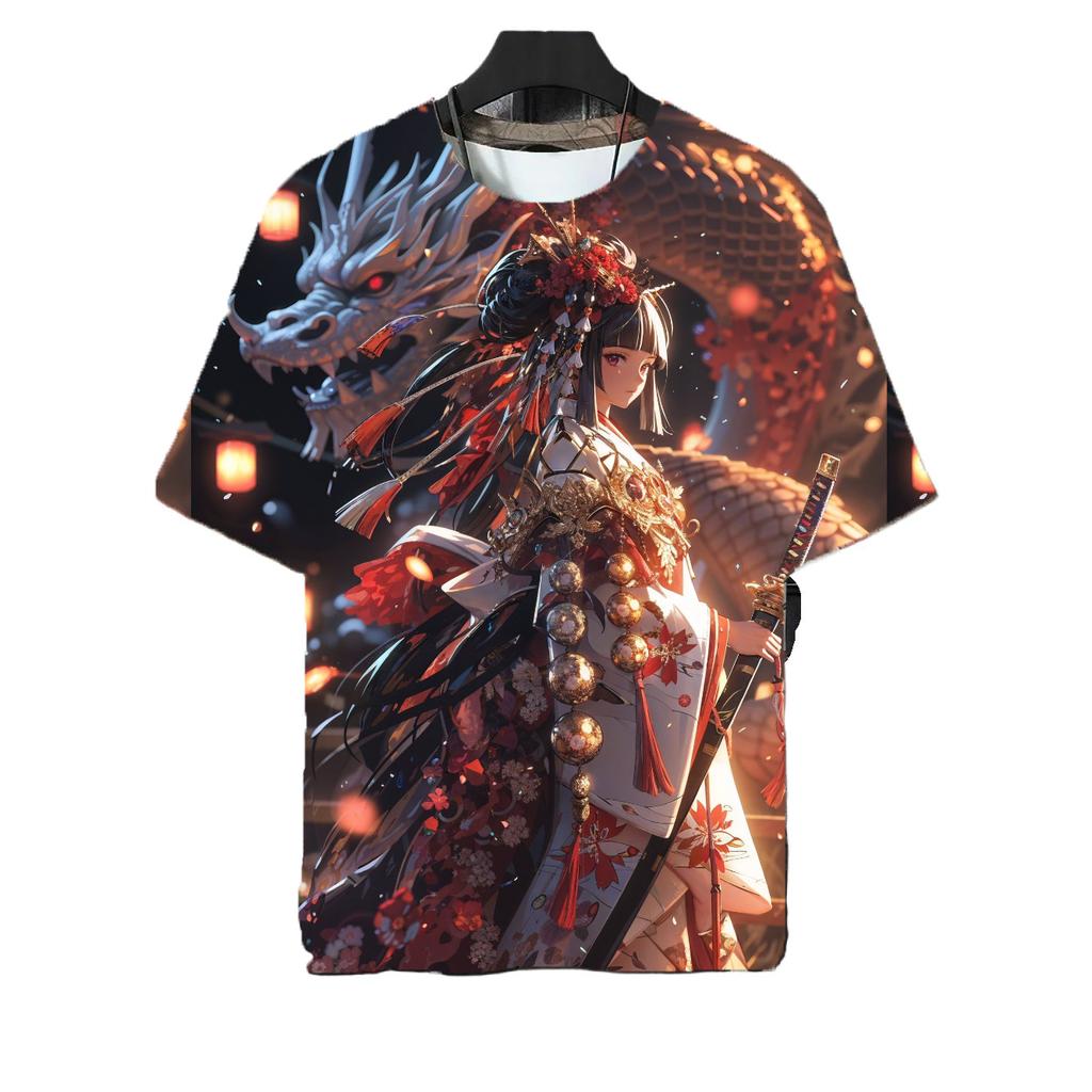 Japanese Warrior Katana Girl Tattoo T-shirt Sexy and Beautiful 3D Printed Top Summer Men Harajuku Round Neck Short Sleeved Clothing