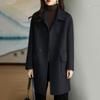 Women's Solid Color Long Sleeve Double Breasted Mid Length Pocket Woolen Coat