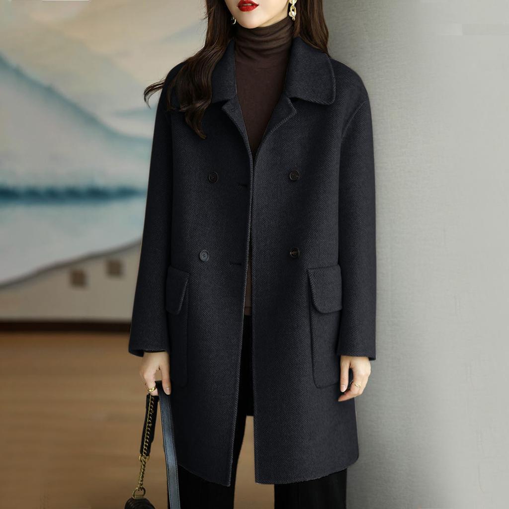 Women's Solid Color Long Sleeve Double Breasted Mid Length Pocket Woolen Coat
