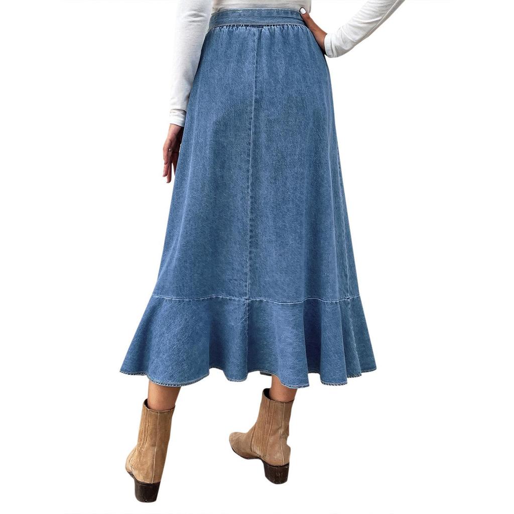 Джинсовая миди-юбка с высокой талией и оборками для женщин