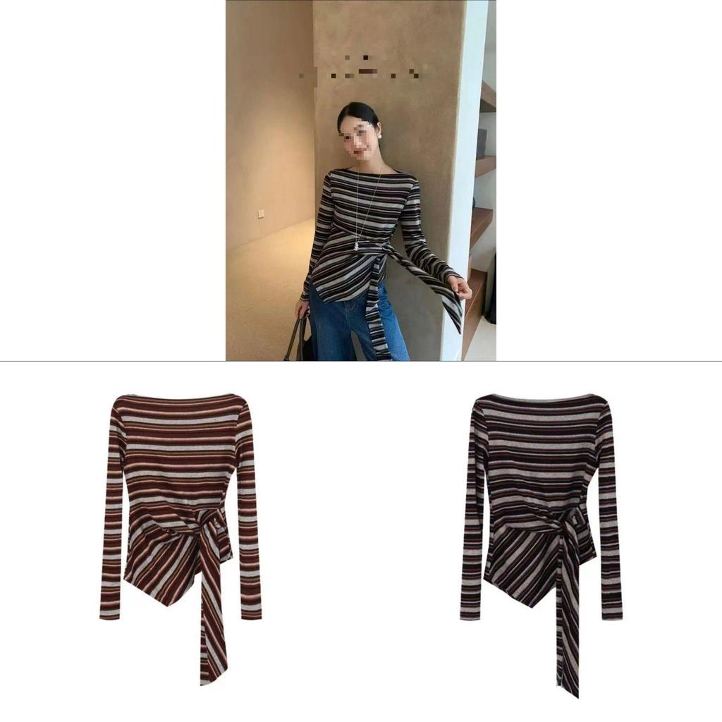 Korean Style Striped T Shirt With Tie Details For Fall Winter Fashion