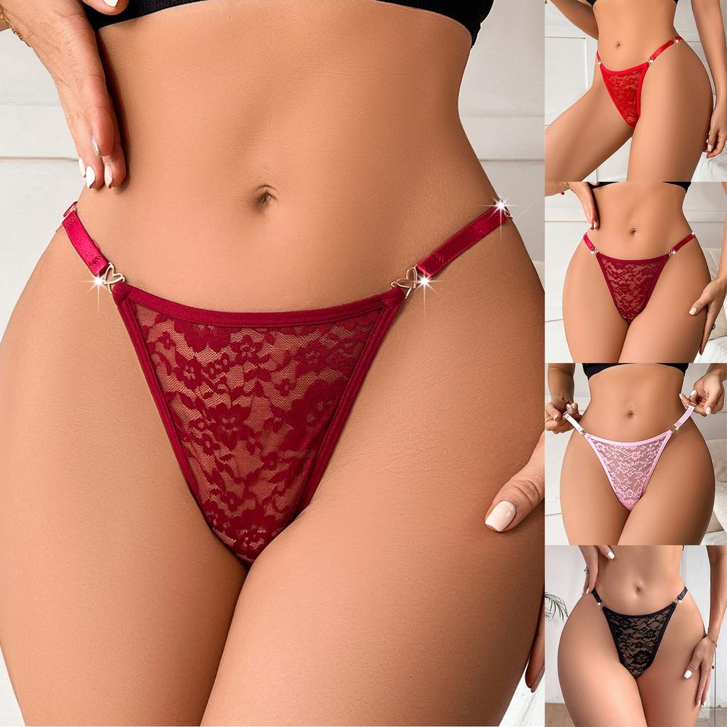 Women's Lace Thong Sexy Mesh Pattern Embroidery Metal Strap Low Waist Panties