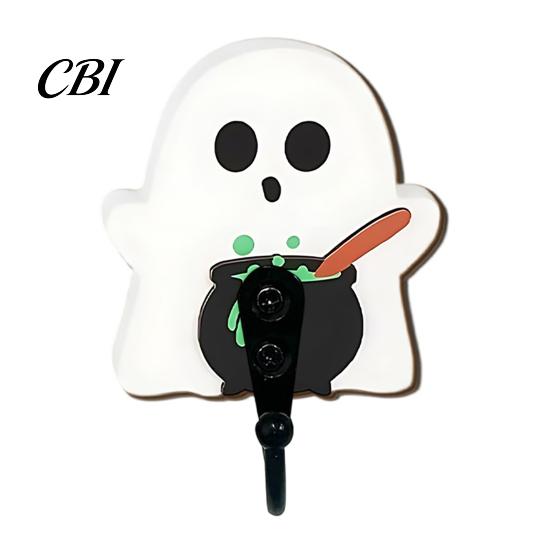 Adhesive Wall Hanger for Masks Halloween Themed Hook, Decorative Ghost Pattern Key Hanger, Self Hooks Keys Backing Wood Base Hook Bathroom Entryway