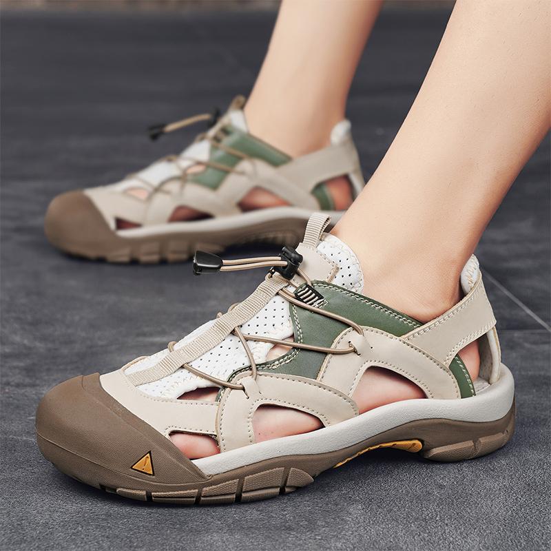 Fashion Mens Sandals Top Cowhide Upper Hollow Out Round Toe Outdoor Beach Walking Non Slip Durable Summer Beach Shoes Adjustable Buckle