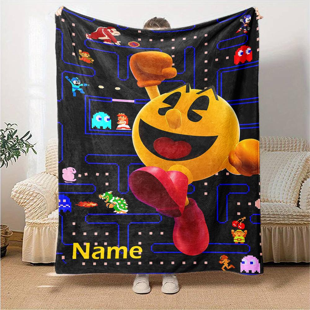 Custom Name Pac-Man Theme Printed Blanket - Perfect for Couch, Bed, Travel & Outdoor Use | Machine Washable, Cozy & Durable.