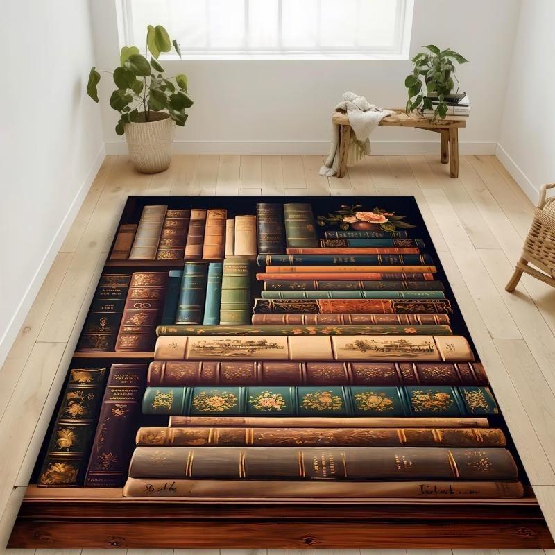 Vintage Bookshelf Colorful Floral Green Plant Non Slip Floor Rug Book Lover Library Reading Room Washable Indoor Living Bedroom Area Carpet