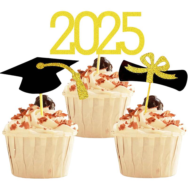 Топперы для кексов на выпускной 2025 года, 24 шт., шпажки для еды/закусок для выпускного вечера, украшения для мини-тортов, диплом, 2025, выпускная шапочка
