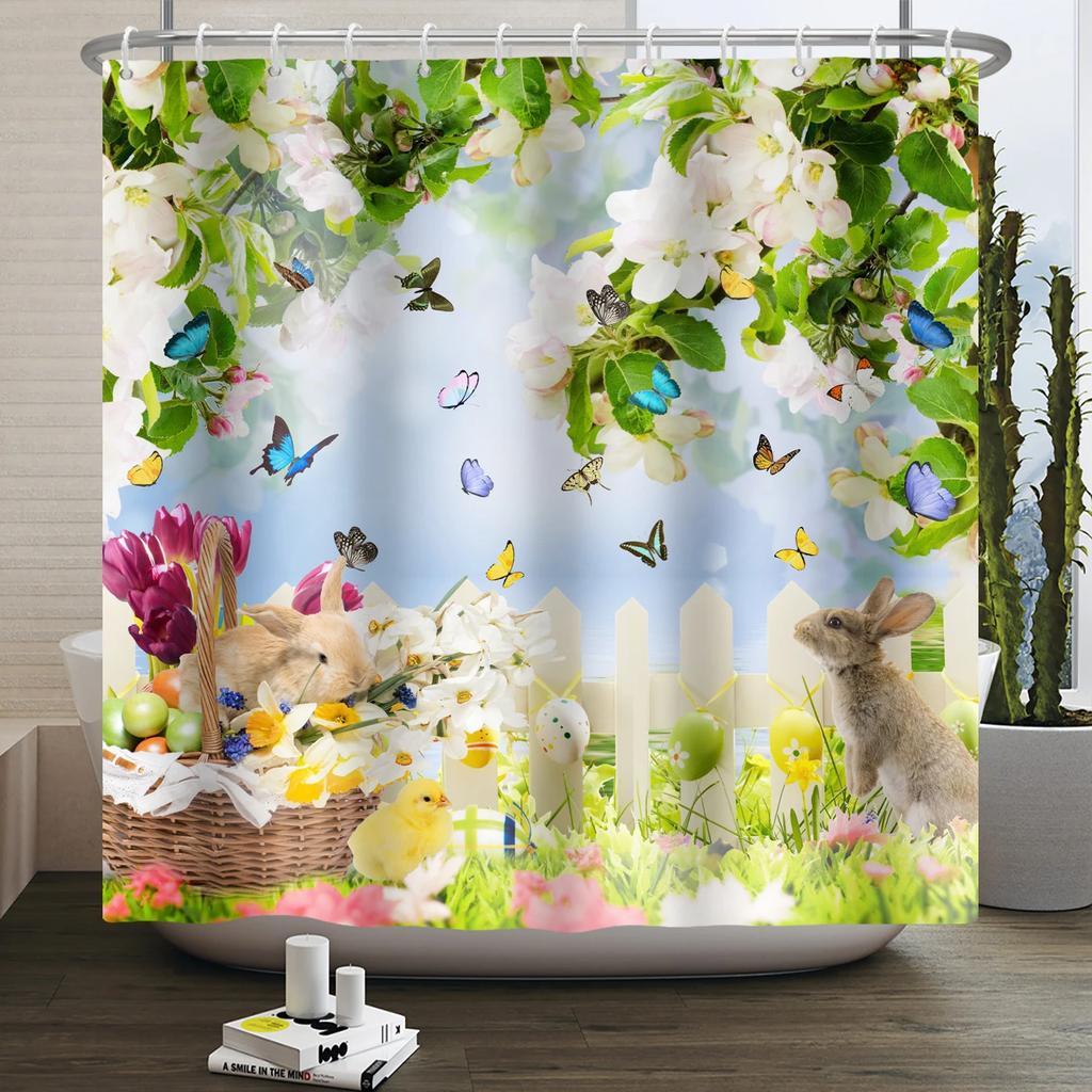 Весенняя Пасхальная Занавеска для душа Счастливый Кролик Кролик Яйца Цветочный Сад Цветочный Праздничный Водонепроницаемая Занавеска для душа для ванной комнаты с крючками