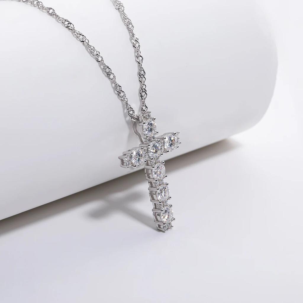 D Color 4MM 2.1 Carat Moissanite Diamond Cross Pendant Necklace 925 Sterling Silver 18K Gold Plated Jewelry