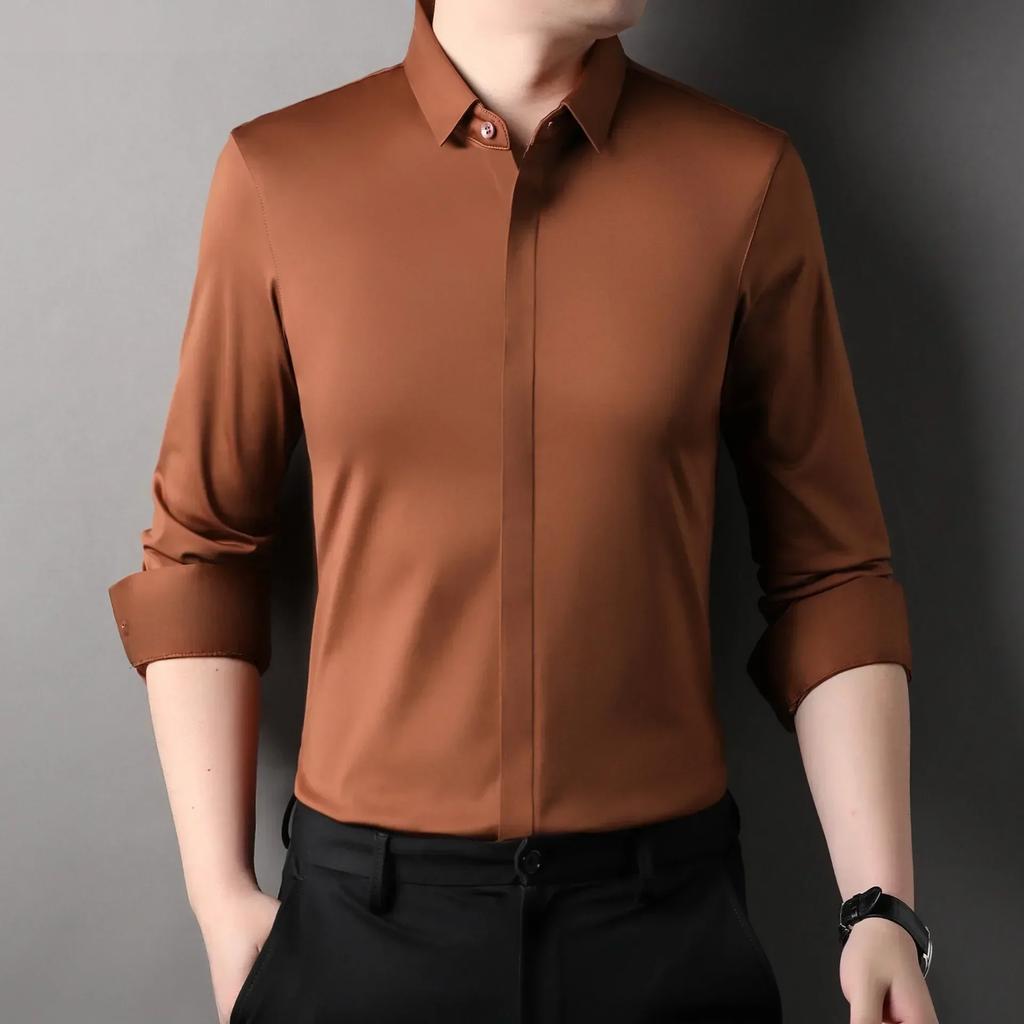 Высококачественные рубашки из шелка Mulberry для деловых мужчин, устойчивые к сминанию, с потайной пуговицей, эластичные топы, роскошная мужская одежда высокого качества