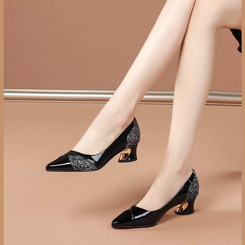 Fashion Women's Shoes 2024 New Pointed Mid Heels Mother Pointed Trendy Banquet Shoes Shallow Mouth Ladies Leather Summer/Spring