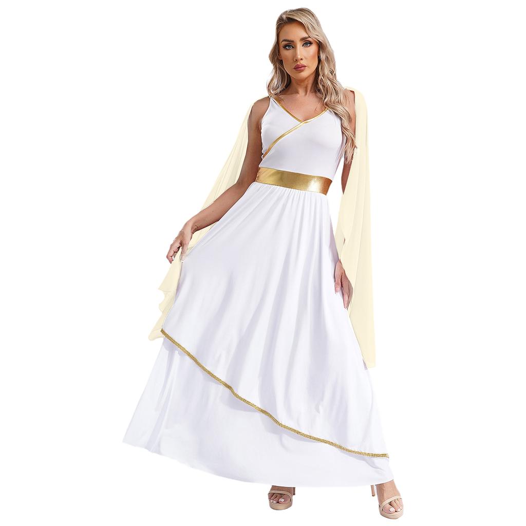 Women's Ancient Greek Roman Queen Costume Halloween Cosplay Gold Trims Toga Dress