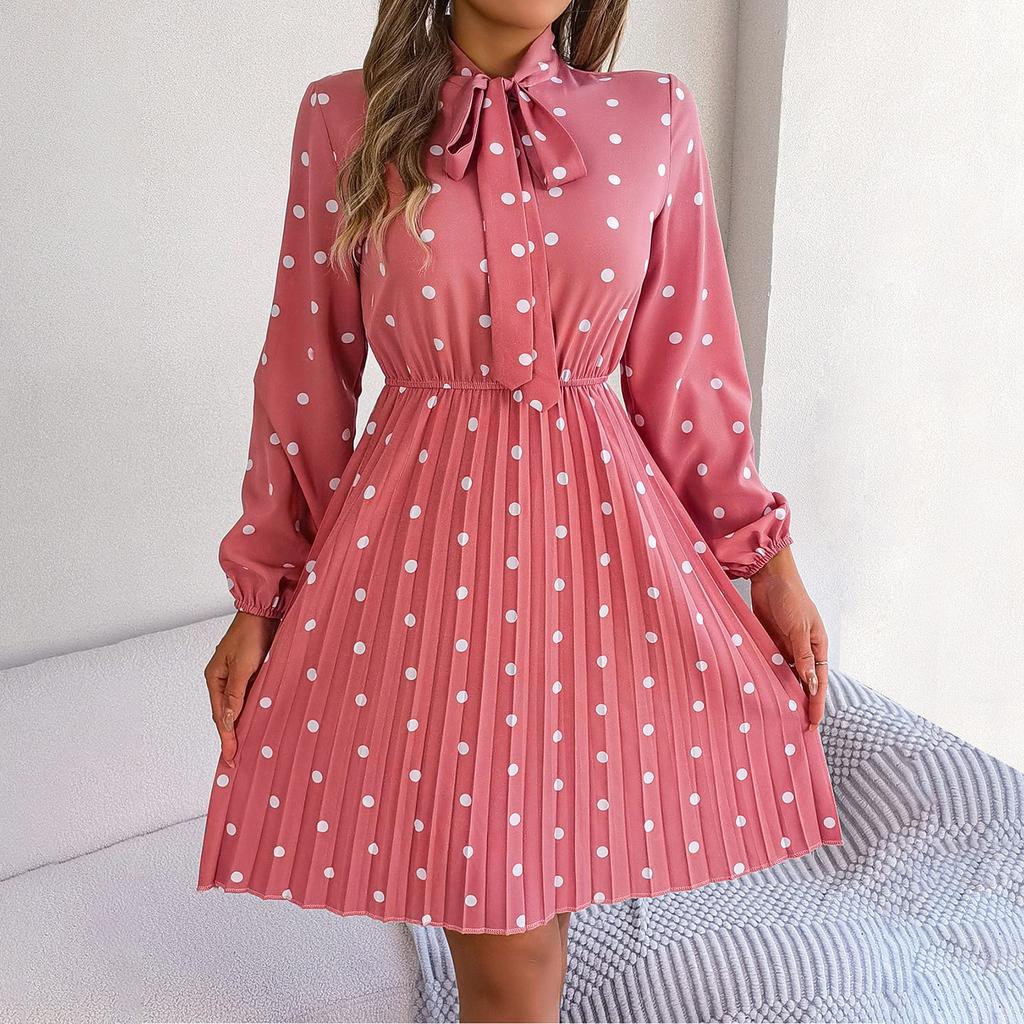 Ladies Spring And Summer New Temperament Polka Dot Lace-up Waist Long-sleeved Pleated Dress