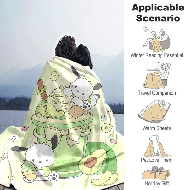 1pc Green Fruit Pochacco Blanket, Seasonal Universal Home Decorative Throw Blanket for Room, Gift Idea for Family and Friend, Living Room, Travel, Cam