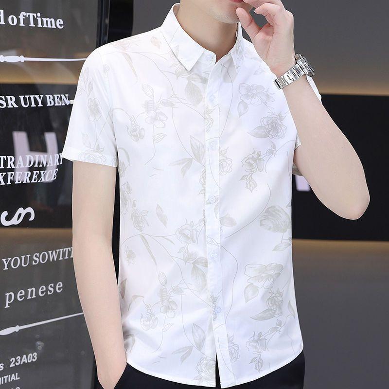 Printed Short-sleeved Shirt Men's Summer Trend Handsome Ice Silk Shirt Casual Handsome Summer Fashion Men's Inch Clothes