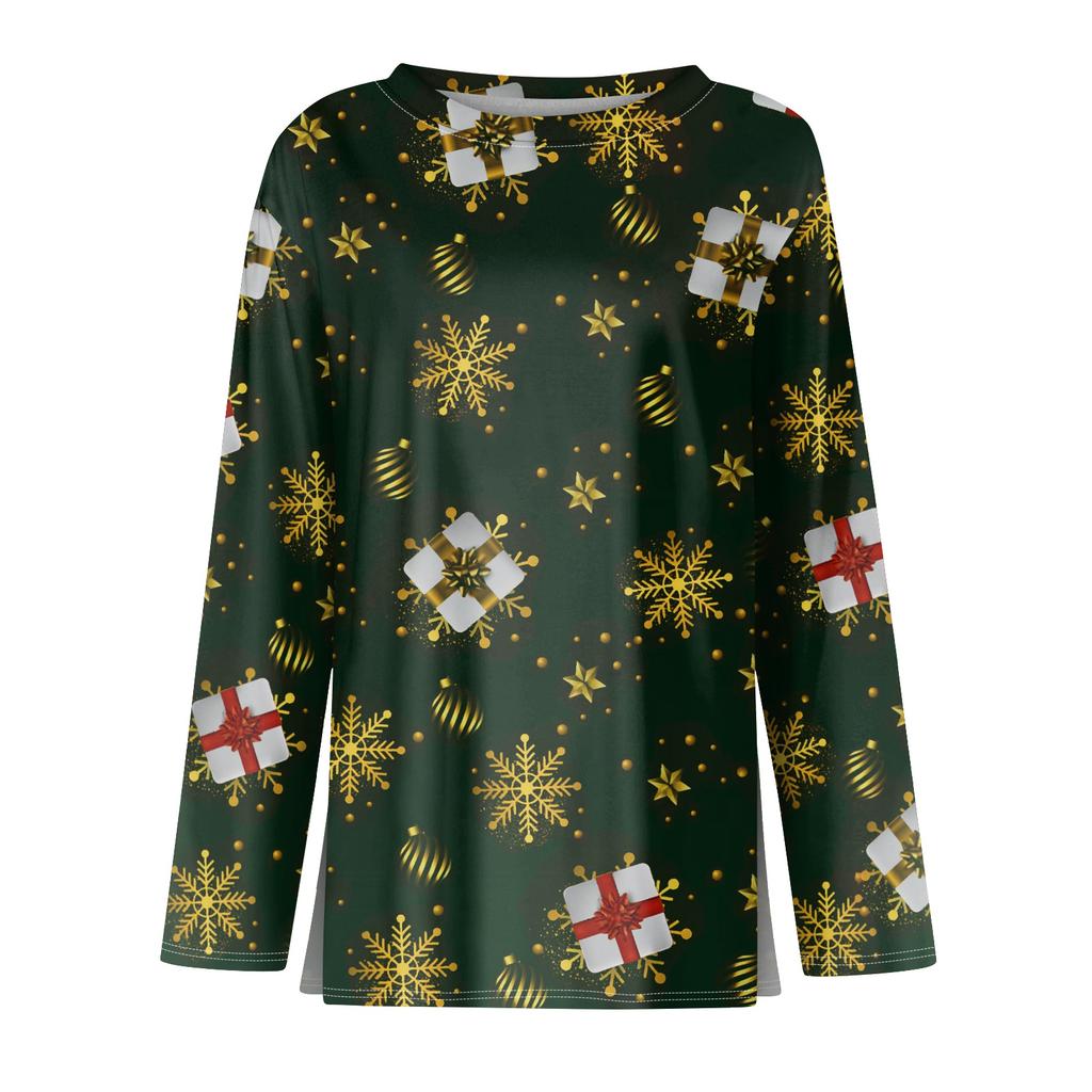 Women's Fashion Casual Slit Hem Round Neck Long Sleeve Loose Printed T-Shirt Ladies Top Christmas