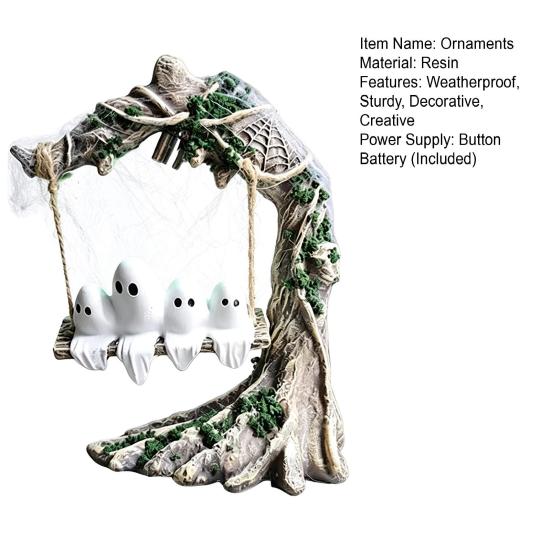 Glow in The Dark Garden Statue Glowing Ghost on Swing Resin Yard Decor, Weatherproof Halloween Outdoor Ornament with Decorative Party Crafts