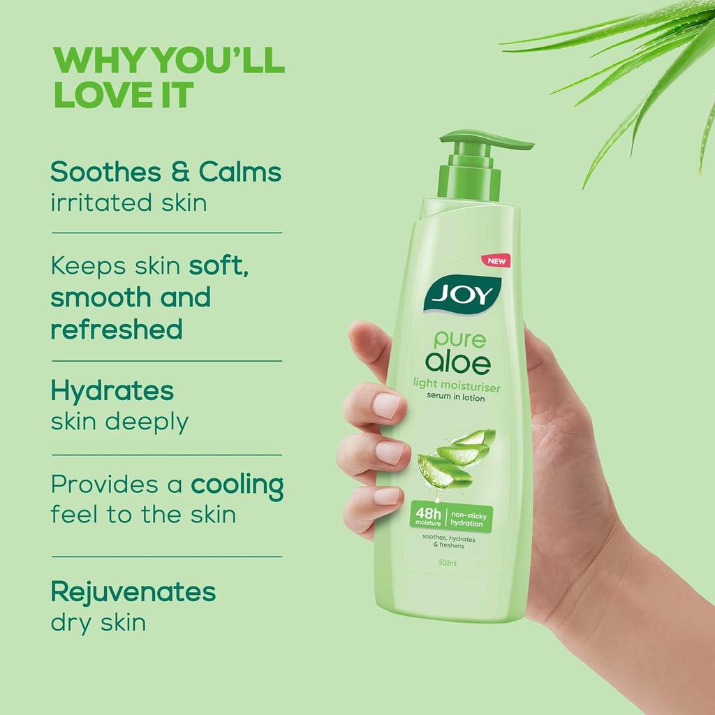 JOY Pure Aloe Light Moisturizing Body Lotion 500ml For Men & Women 48Hr Hydration Non-Greasy Summer Skincare