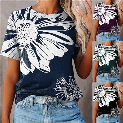 Летняя повседневная футболка с цветочным принтом для женщин с круглым вырезом и коротким рукавом