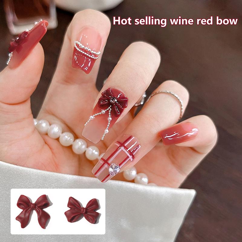 10Pcs Bow Resin Nail Art Decoration Claret 3D Long Ribbon Bowknot Ornament Nail Charm Jewelry Design Kawaii Diy Accessories