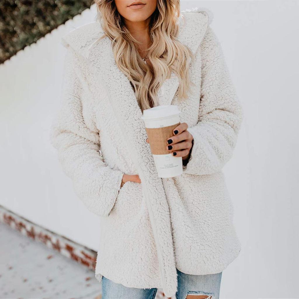 Женская плюшевая куртка, флисовая куртка большого размера, пальто с карманами, открытыми спереди, с капюшоном, пушистый кардиган