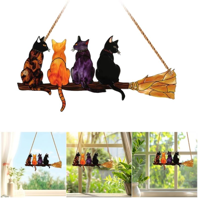 Elegant Colorful Cats with Broom Design Window Hanging Ornament Compacts Size Acrylic Suncatchers Home Garden Decors