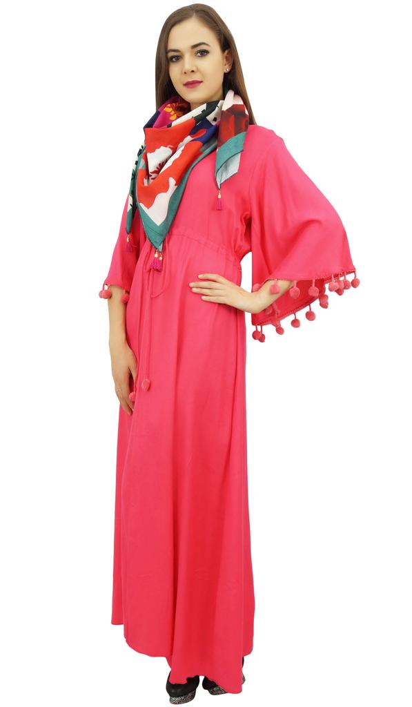 Bimba Женское повседневное платье макси с помпонами и рукавами-колокольчиками цвета морской волны с шарфом -