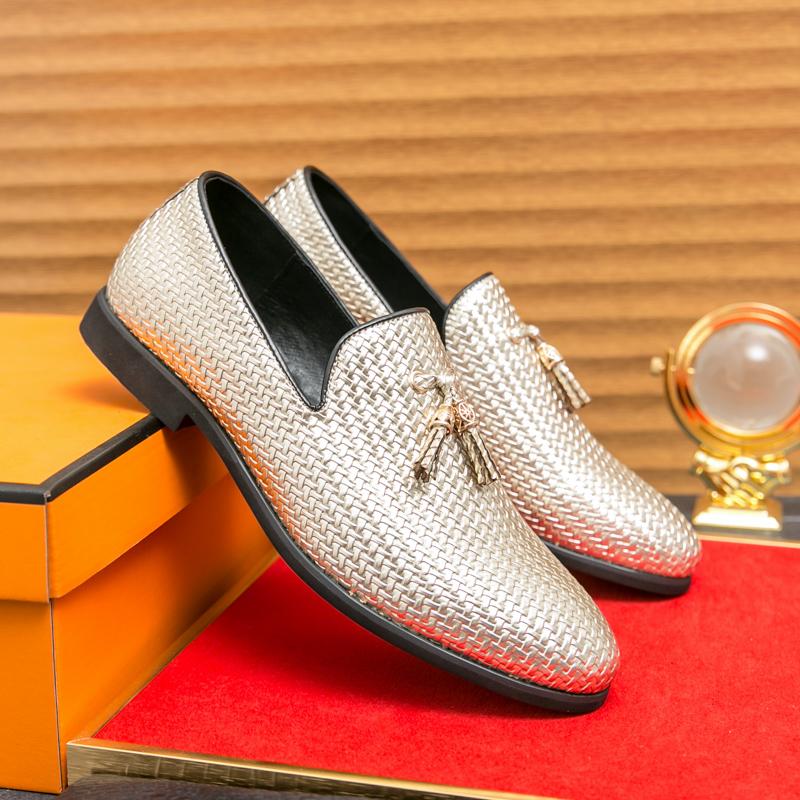 Новые Роскошные Туфли для Вечеринок для Мужчин с Металлическим Блеском и Тканым Узором, Кожаные Лоферы Слипоны, Туфли для Выпускного Вечера, Свадебные Серебряные Туфли