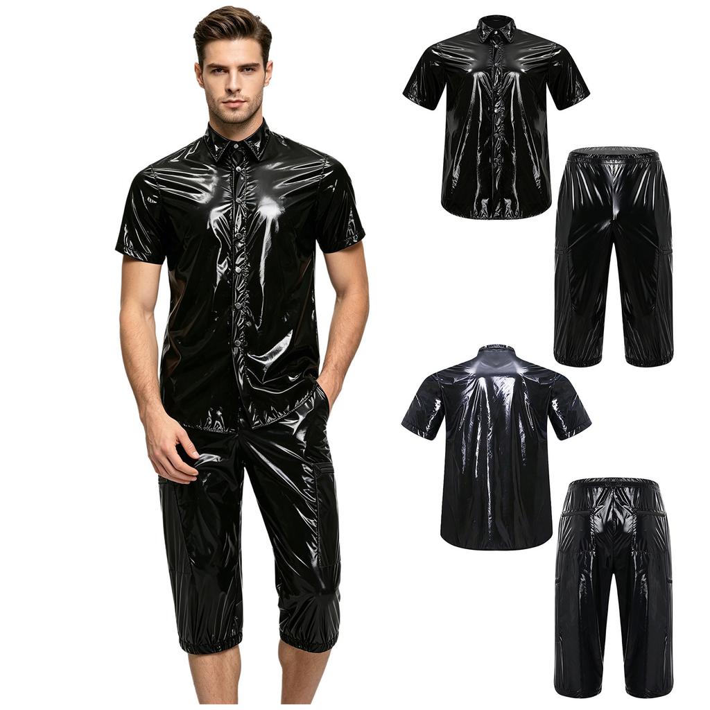 Men Waterproof Beach Club Outfit Short Sleeve Button T-Shirt with Multi-pocket Cargo Shorts Capri Pants Raincoat for Summer