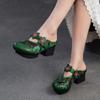 Ethnic Style Thick Heel Round Toe Outdoor Slippers Retro Printed Genuine Leather Women's Shoes