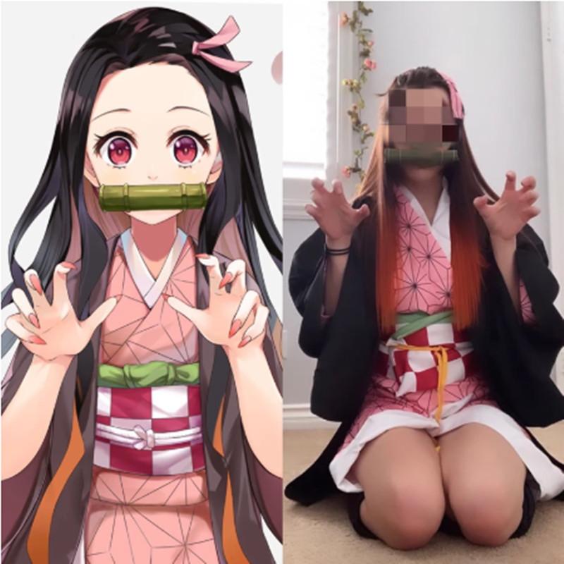 Аниме Demon Slayers Kamado Nezuko Косплей Kimetsu no Yaiba Костюм Кимоно Униформа Одежда Реквизит Костюмы Хэллоуин Comic-Con Вечеринка