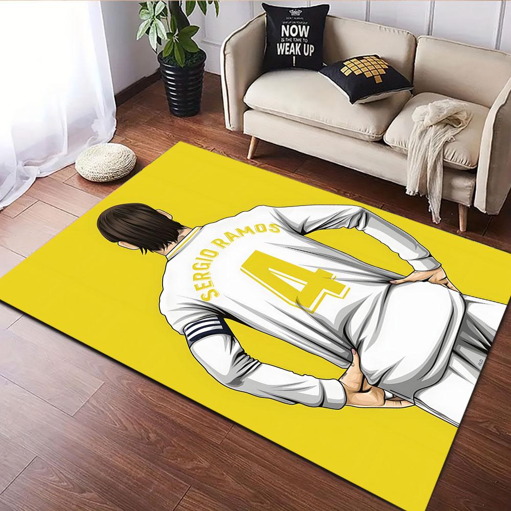 "Soccer Player Illustration on Yellow" Patterned carpet, suitable as a non slip play mat for the living room and bedroom sofa
