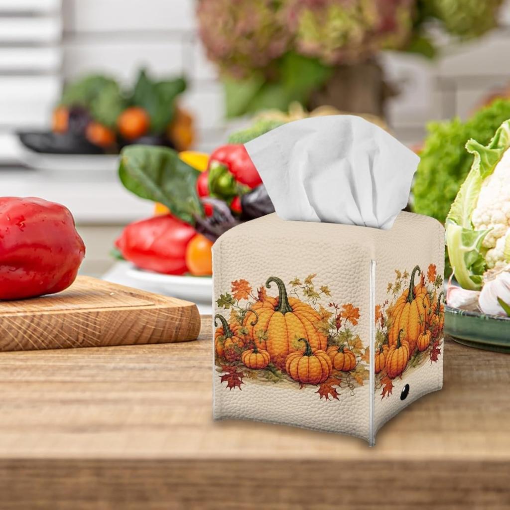 Pumpkin Tissue Box Holder, Home Decor Tissue Napkin Box Covers Farmhouse Decor Holder Paper Organizer for Table,Dresser,Countertop Fall Thanksgiving