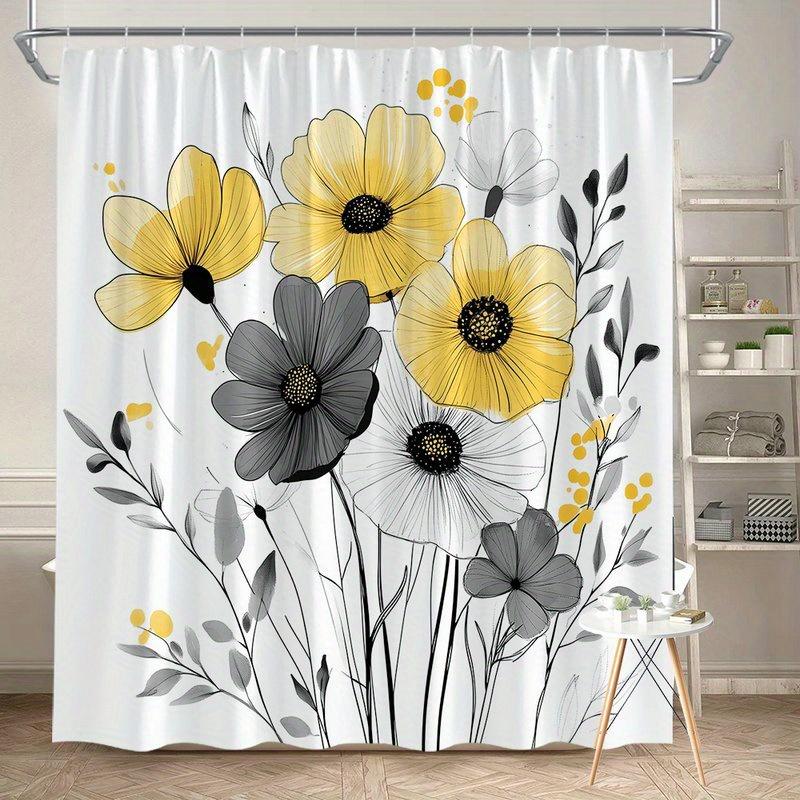 Bright yellow and gray floral patterned shower curtain, polyester fabric machine washable with hooks suitable for bathroom décor